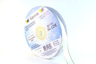 Лента атласная 12 мм двухстор. с металл. нитью "Gamma" №132серо-голубой/золото